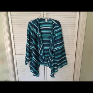 Turquoise and dark blue striped open front jacket.